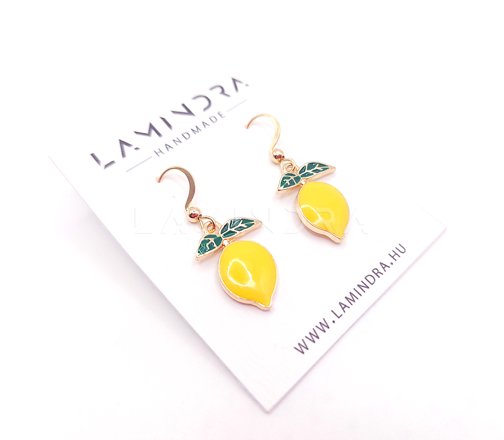 Fülbevalók, kézműves ékszerek: FU007, Arany színű, akasztós nemesacél fülbevaló citrom medállal
